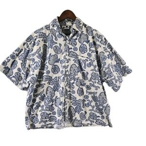 Bahia Cancun Shirt Mens Large White Blue Floral Hawaiian Button Up Vacation